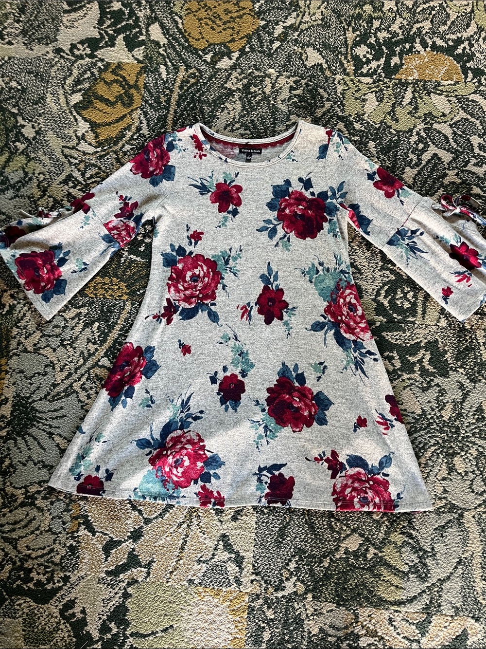 Girls Floral Tie-Sleeve Knit Dress - Gray with Red & Blue Flowers